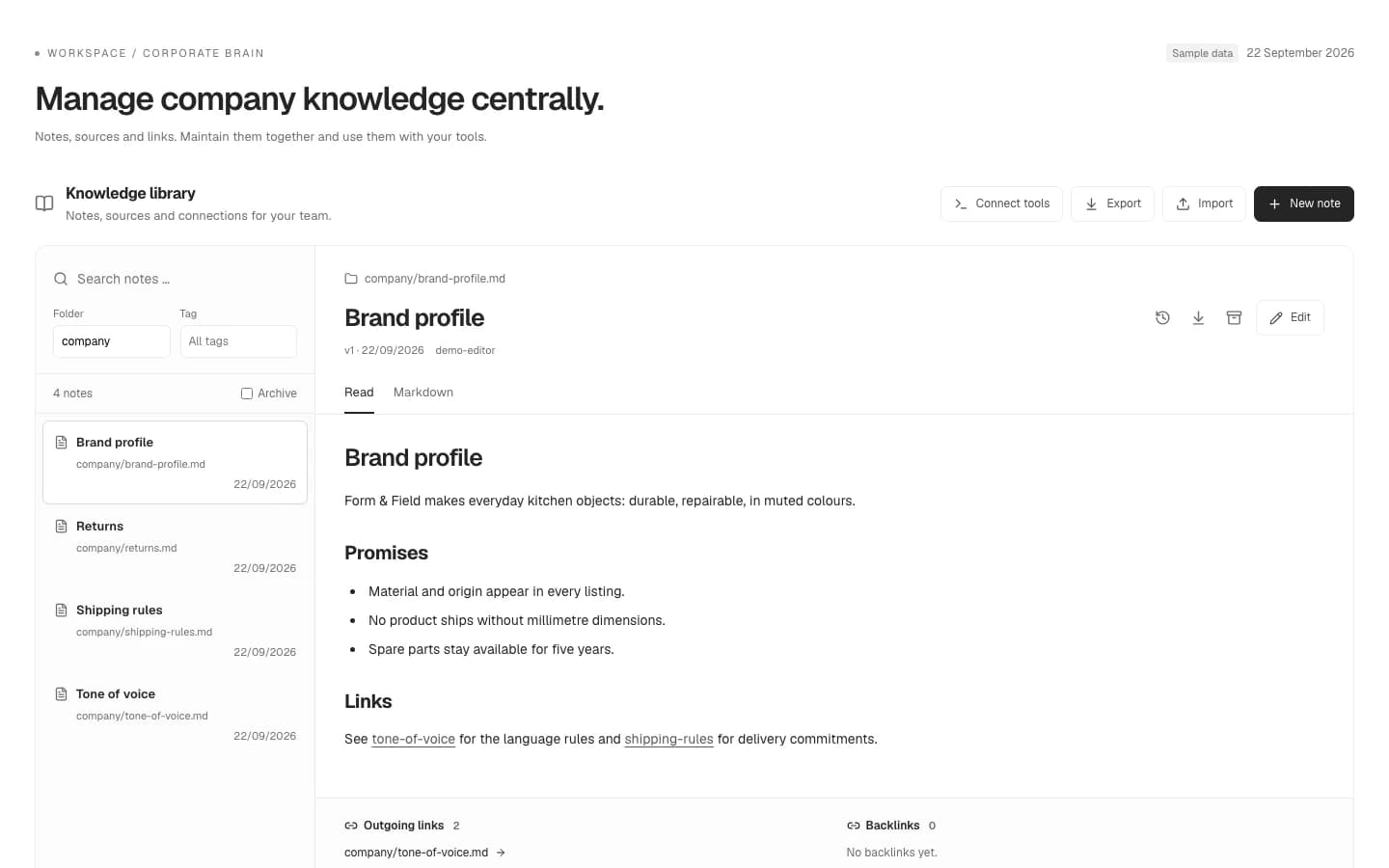 Screenshot: the Corporate Brain knowledge library.