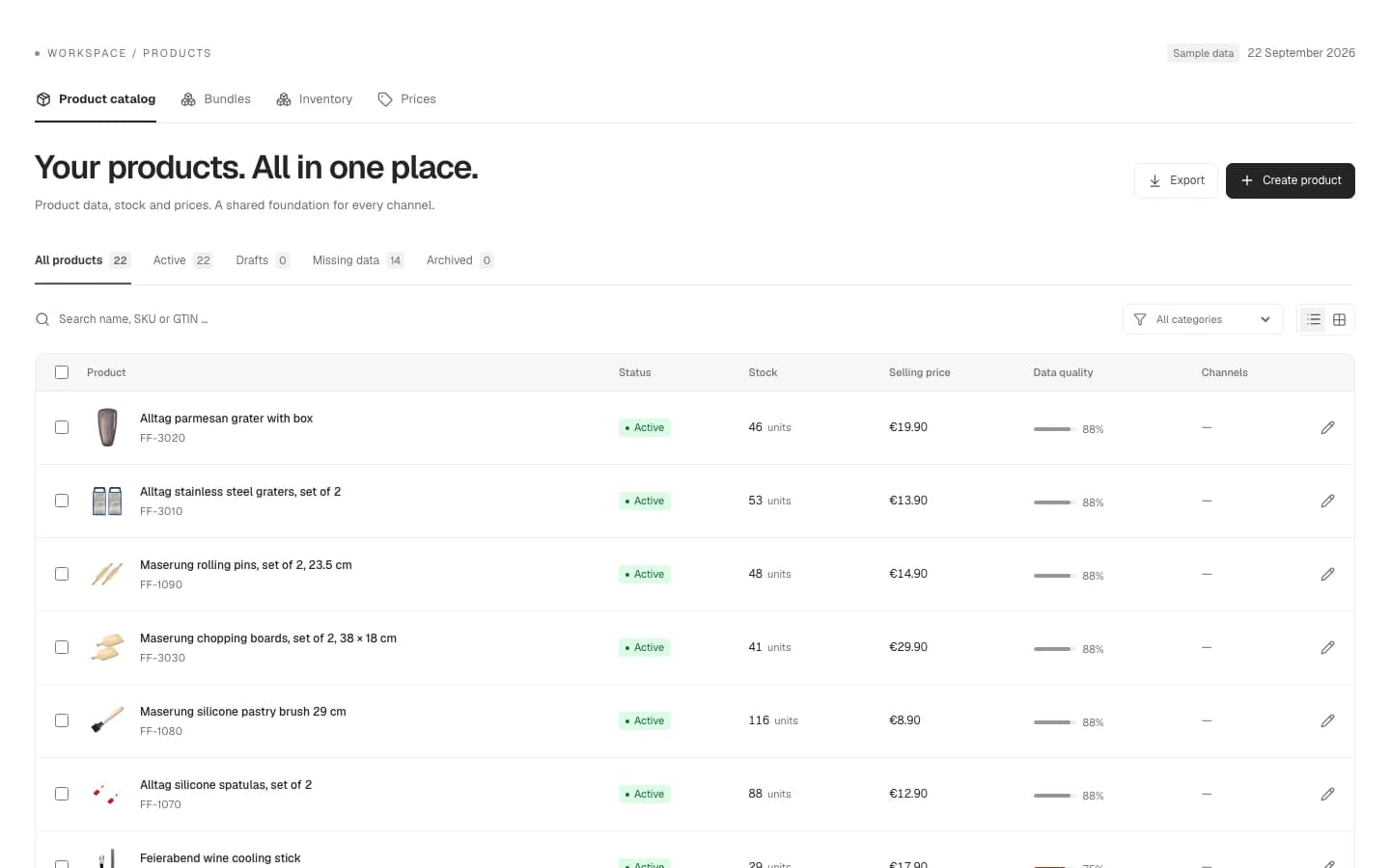 Screenshot: the product catalog in Torch Core with stock and price.