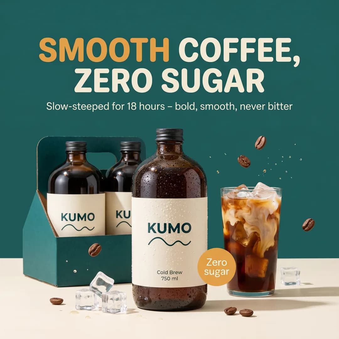 Amazon product image for the invented demo brand KUMO, made with Torch: cold brew coffee in glass bottles with a carrier and a glass of iced coffee, sugar-free