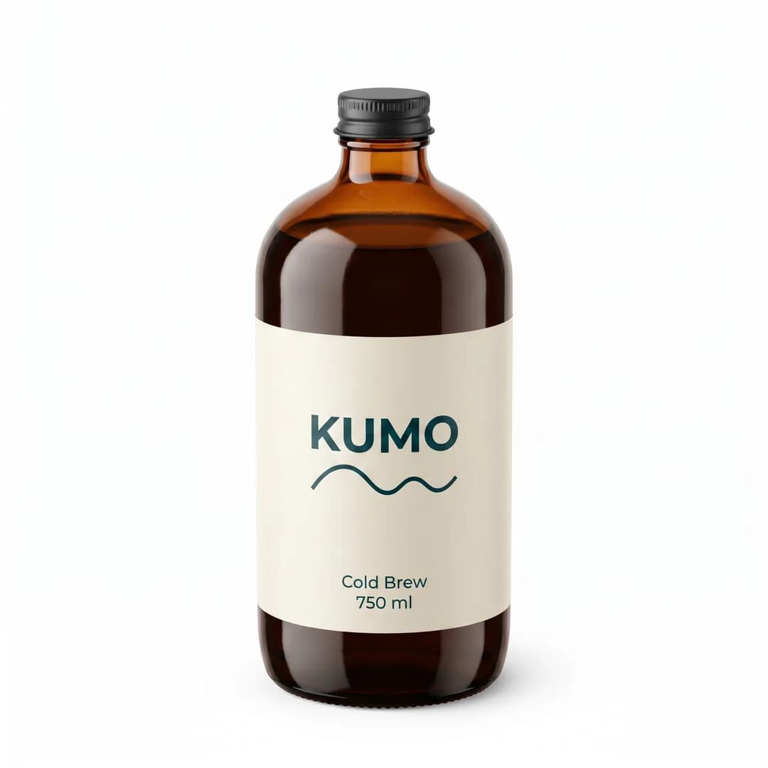 Packshot for the invented demo brand KUMO, made with Torch: amber glass bottle of cold brew, 750 ml, on white