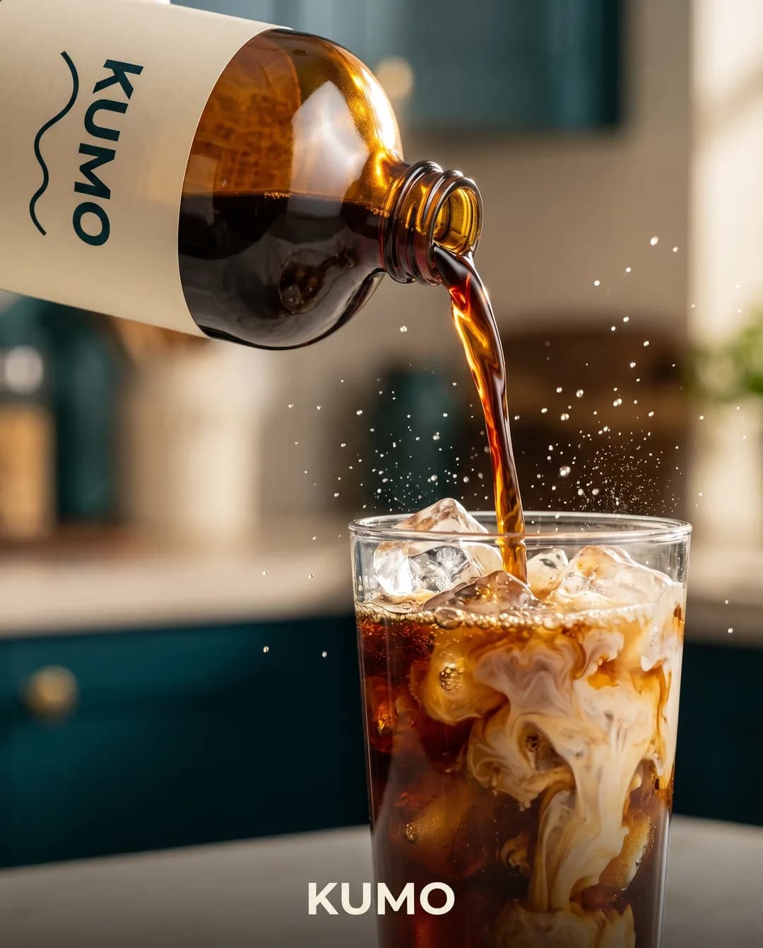 Social media creative for the invented demo brand KUMO, made with Torch: cold brew pouring from the bottle into a glass with ice and milk