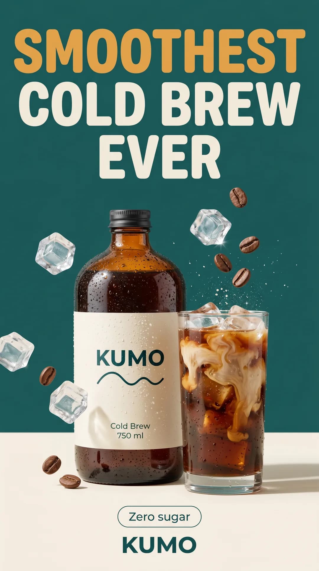 Vertical TikTok creative for the invented demo brand KUMO, made with Torch: cold brew bottle and iced coffee among ice cubes and coffee beans