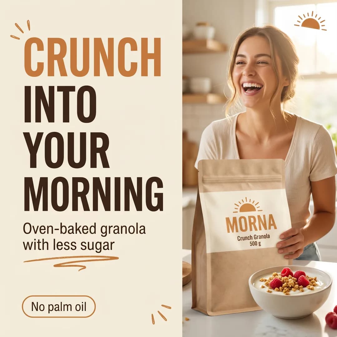 Amazon product image for the invented demo brand MORNA, made with Torch: granola pouch and breakfast bowl, a laughing woman behind them
