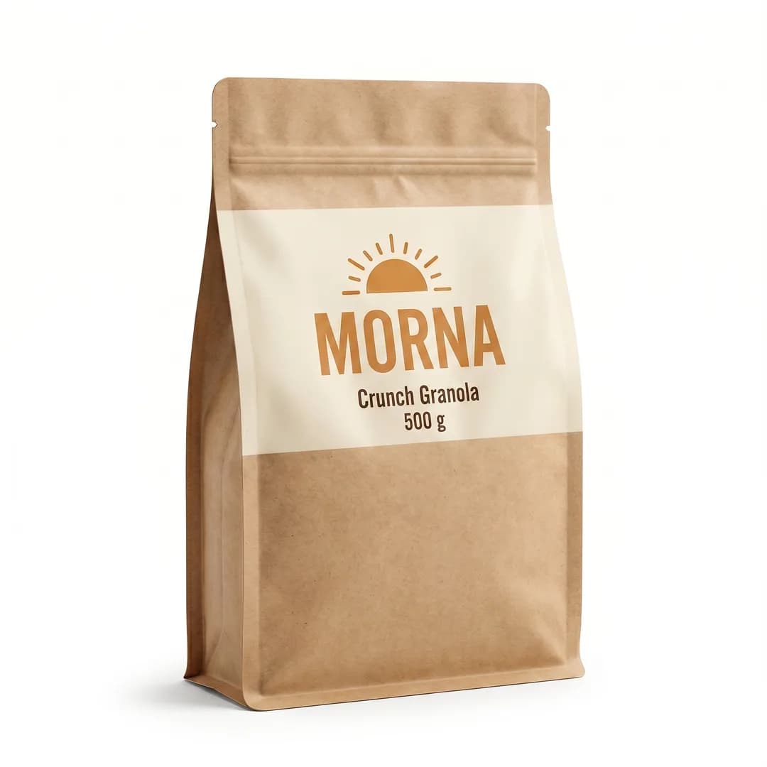 Packshot for the invented demo brand MORNA, made with Torch: kraft-paper pouch of crunch granola, 500 g, on white
