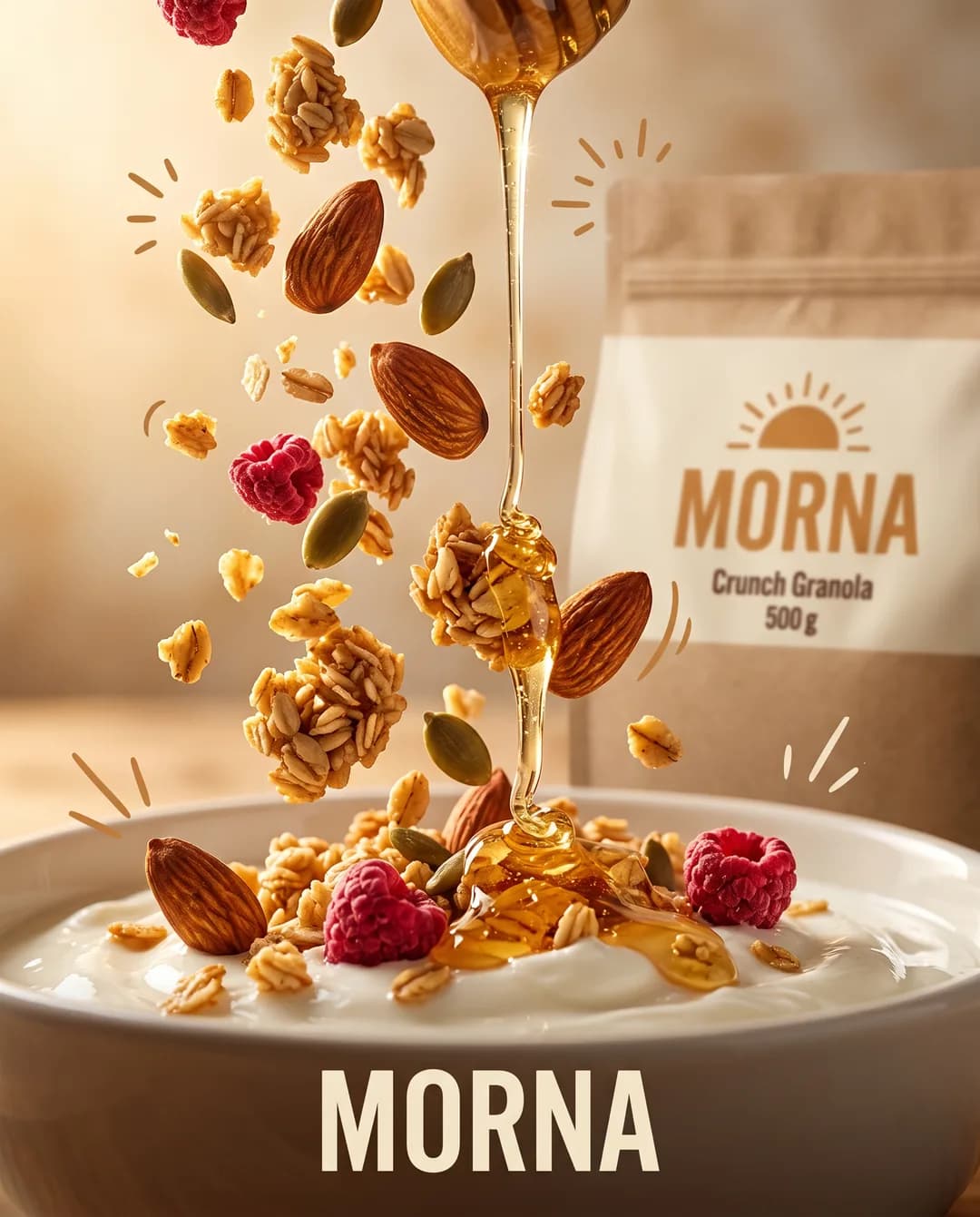 Social media creative for the invented demo brand MORNA, made with Torch: granola, raspberries and almonds falling into a bowl of yoghurt, the pouch behind