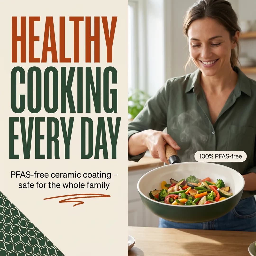 Amazon product image for the invented demo brand VELORA, made with Torch: woman frying vegetables in a green, PFAS-free ceramic pan