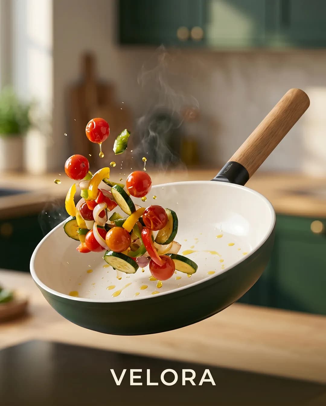 Social media creative for the invented demo brand VELORA, made with Torch: green ceramic pan tossing vegetables into the air