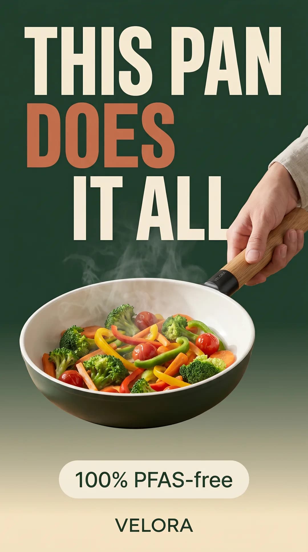 Vertical TikTok creative for the invented demo brand VELORA, made with Torch: green pan with sautéed vegetables, PFAS-free