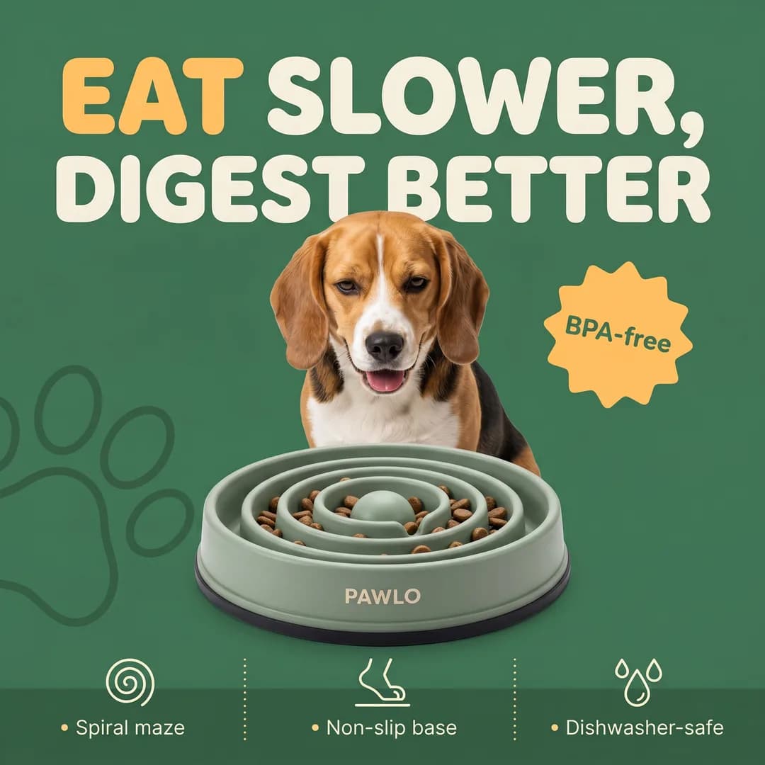 Amazon product image for the invented demo brand PAWLO, made with Torch: beagle behind a filled slow-feeder bowl, BPA-free and non-slip