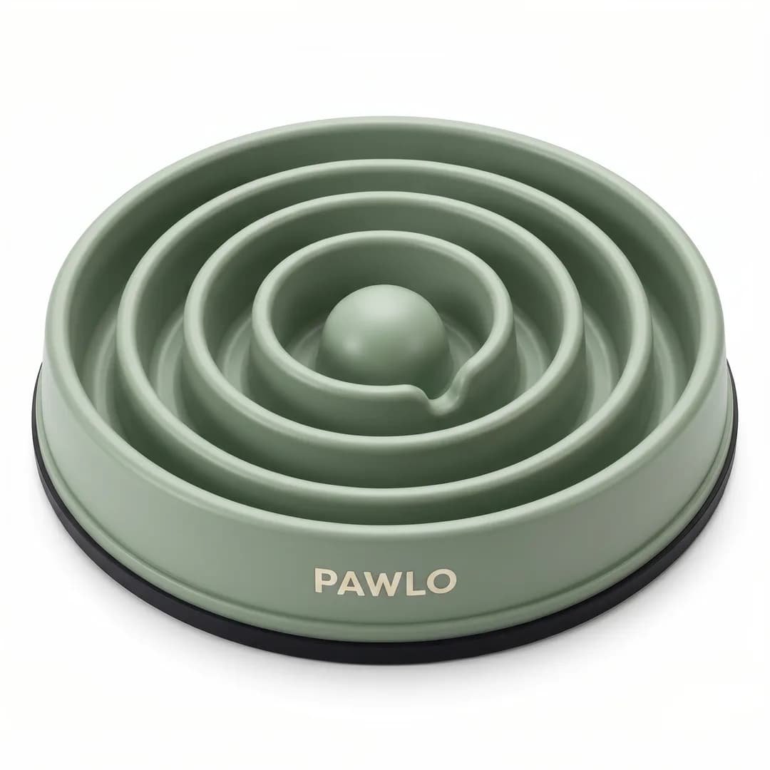 Packshot for the invented demo brand PAWLO, made with Torch: sage-green slow-feeder bowl with a spiral maze on white