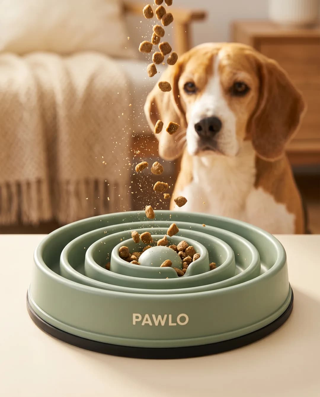 Social media creative for the invented demo brand PAWLO, made with Torch: kibble pouring into the slow-feeder bowl while a beagle watches