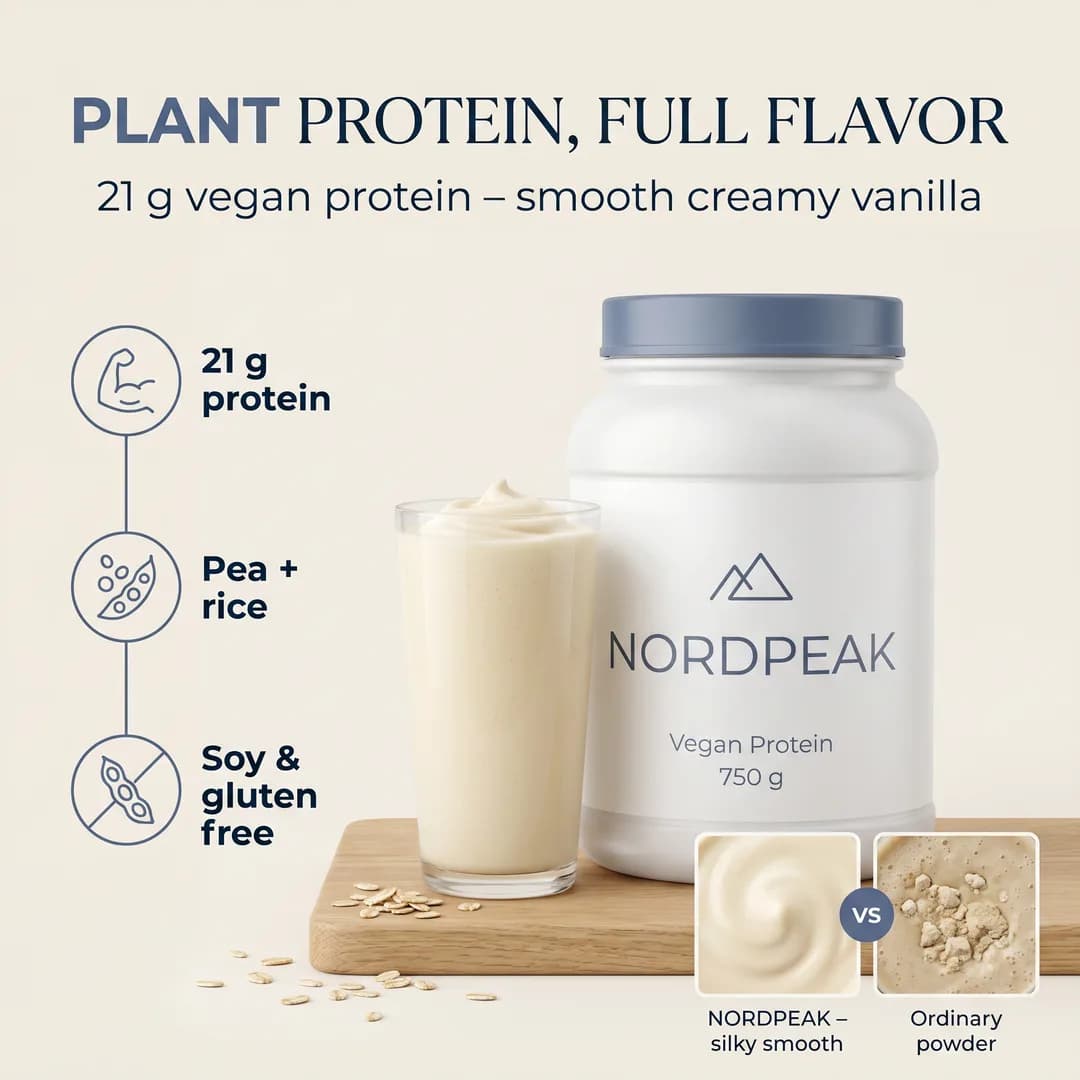 Amazon product image for the invented demo brand NORDPEAK, made with Torch: vegan protein powder with a shake, 21 g protein from pea and rice, soy- and gluten-free