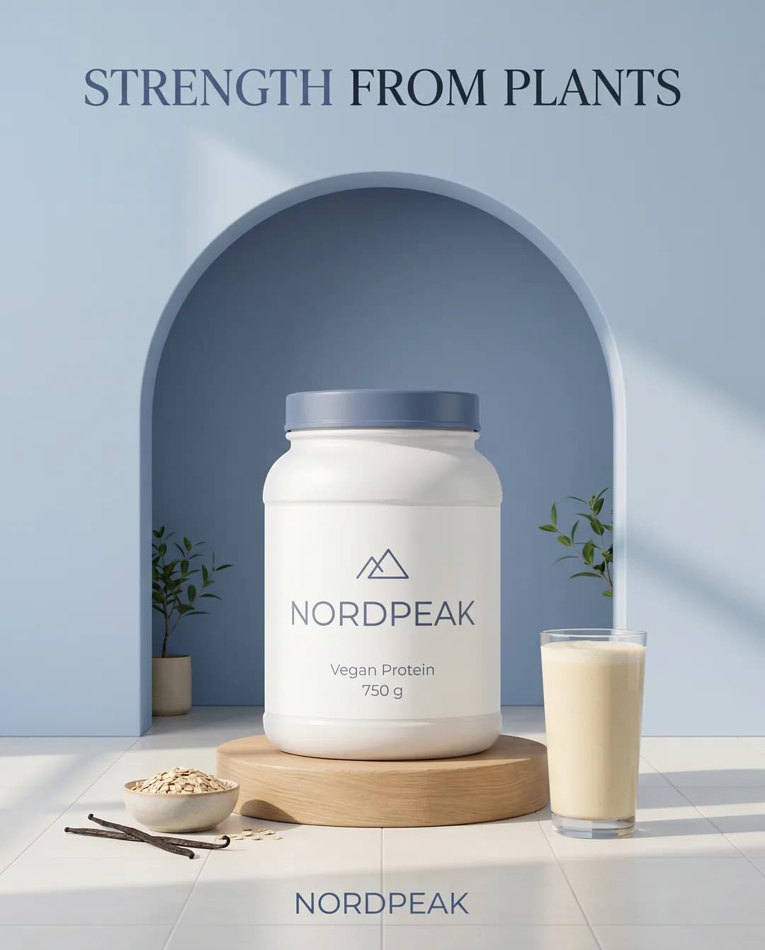 Social media creative for the invented demo brand NORDPEAK, made with Torch: tub of vegan protein powder in a blue arch, a glass of shake beside it