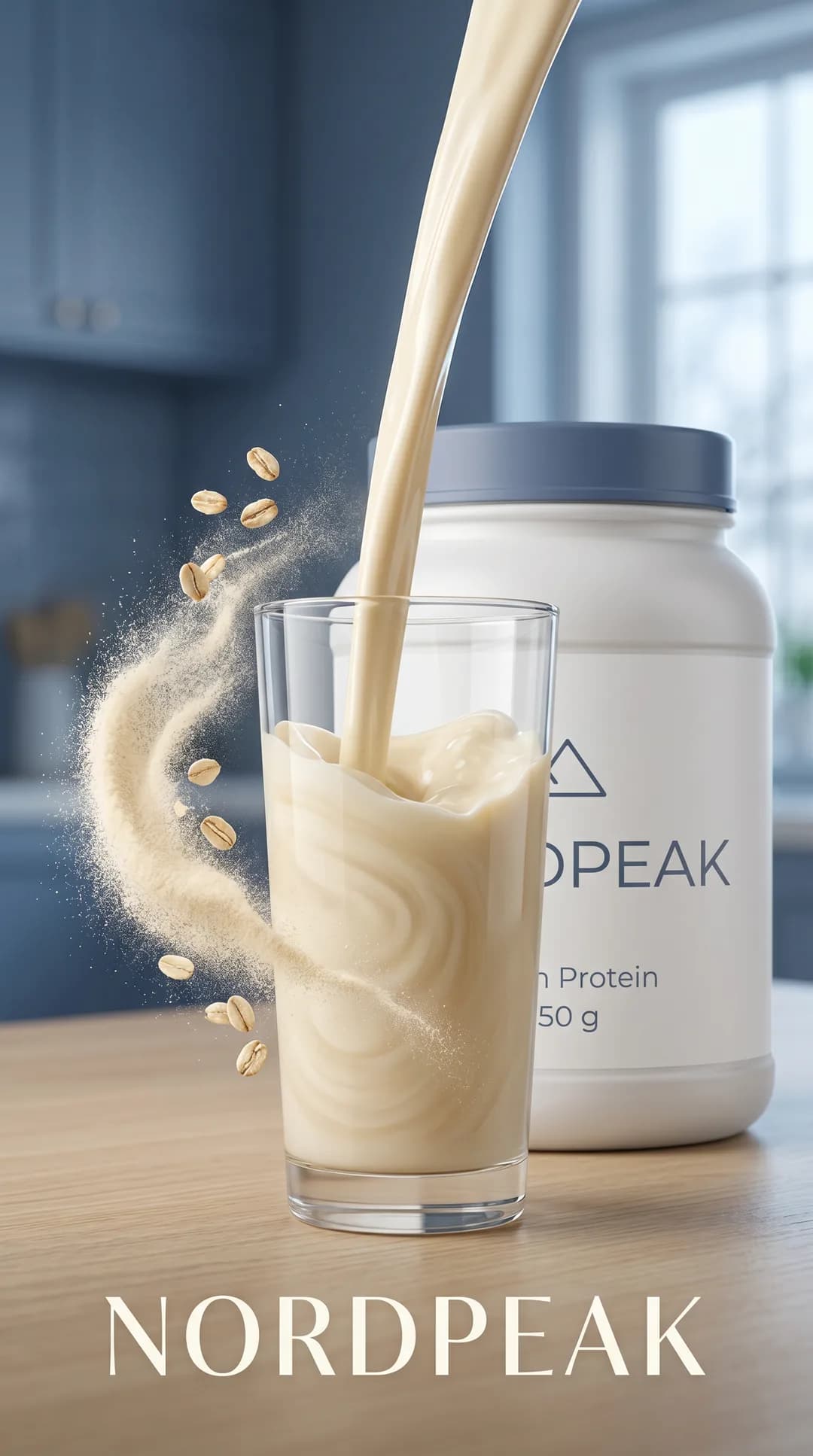 Vertical TikTok creative for the invented demo brand NORDPEAK, made with Torch: protein shake pouring into a glass beside the tub