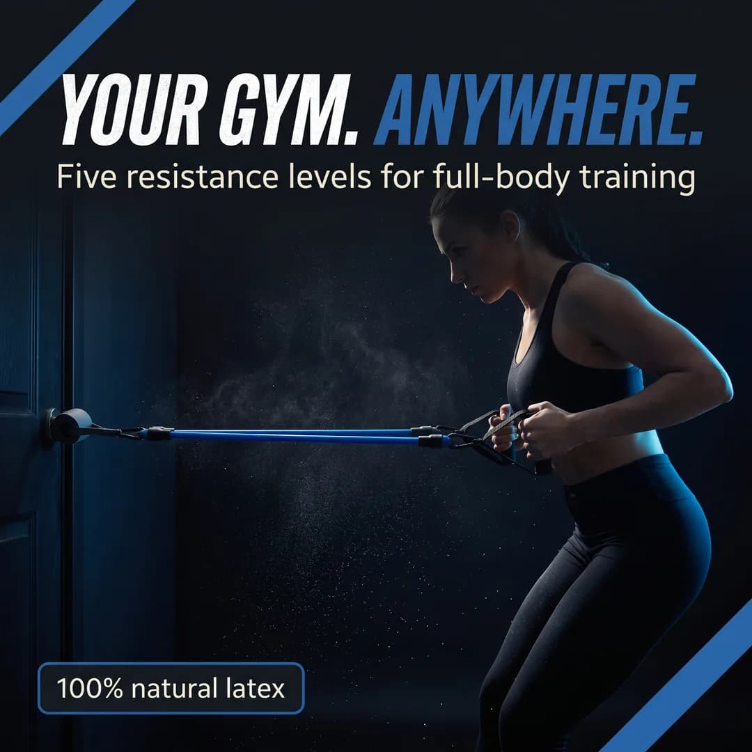 Amazon product image for the invented demo brand FLEXA, made with Torch: man training with a door-anchored resistance band