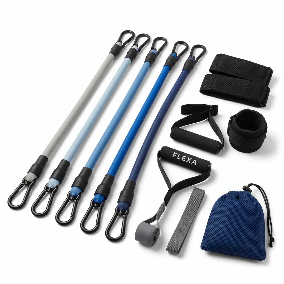 Packshot for the invented demo brand FLEXA, made with Torch: five resistance tubes with handles, ankle straps, door anchor and pouch on white