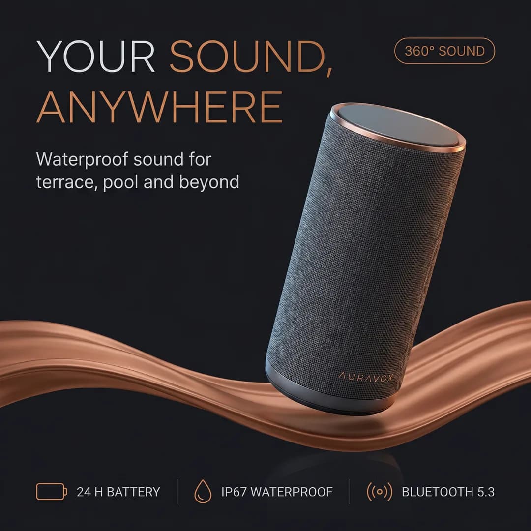 Amazon product image for the invented demo brand AURAVOX, made with Torch: waterproof Bluetooth speaker against string lights, with battery and IP67 callouts