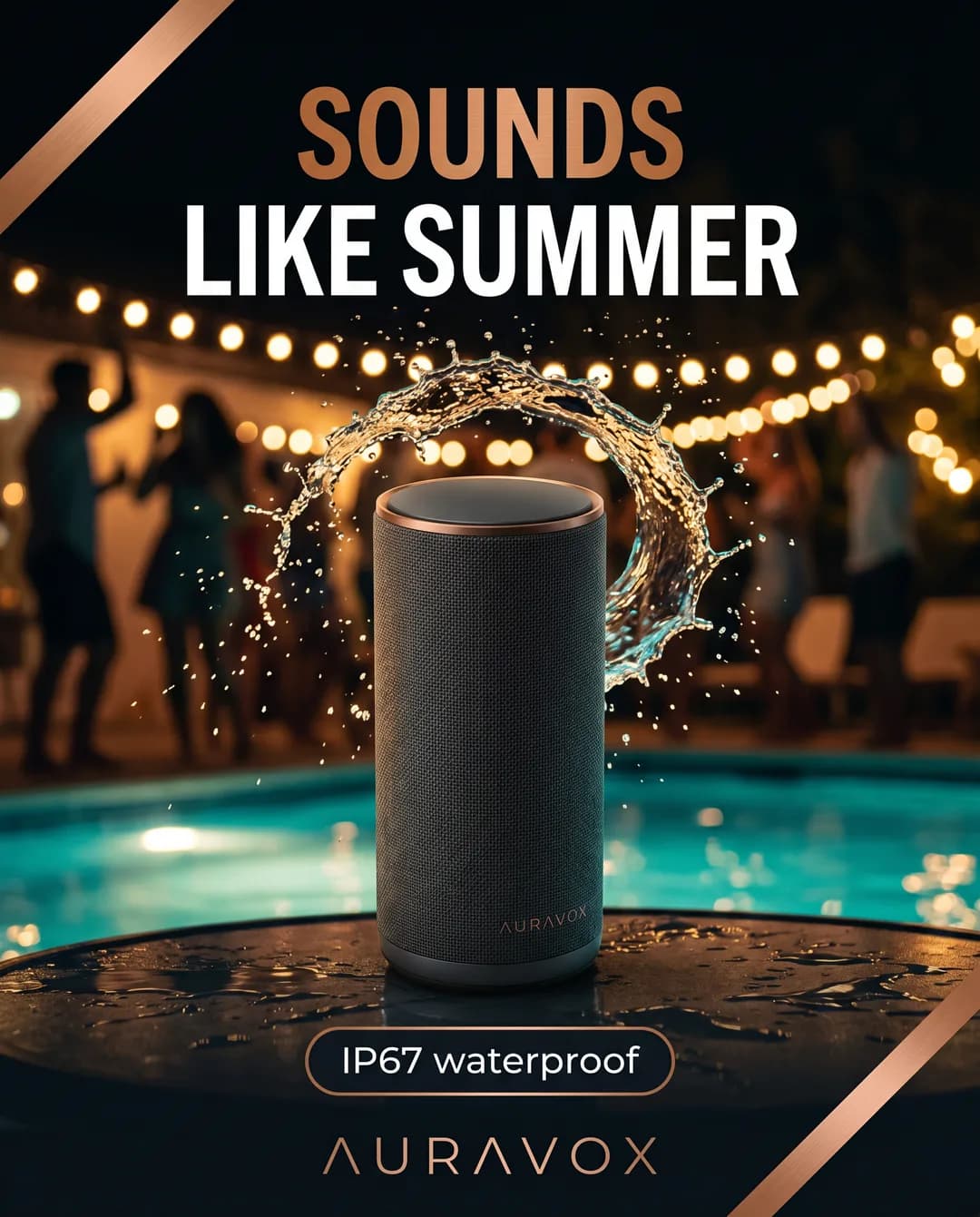 Social media creative for the invented demo brand AURAVOX, made with Torch: speaker in a splash of water by the pool at a summer party