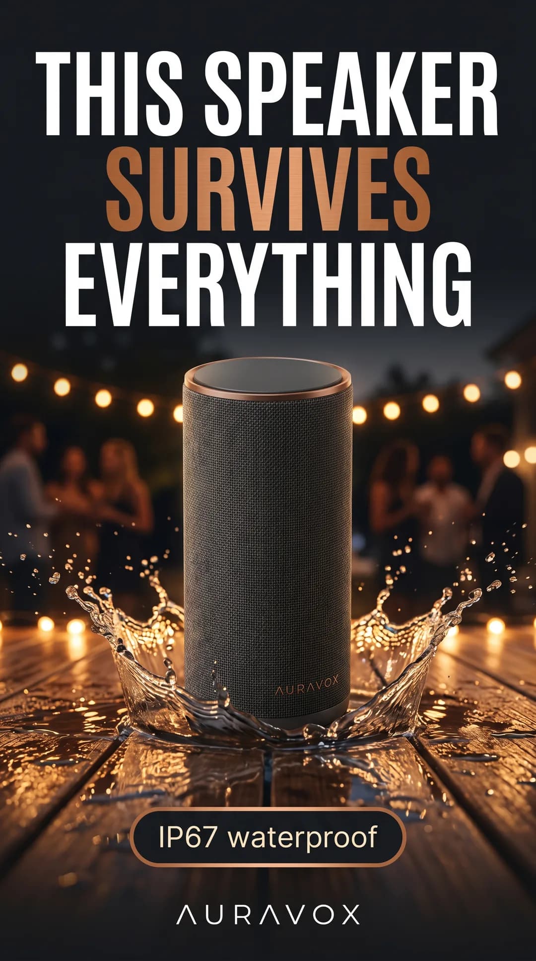 Vertical TikTok creative for the invented demo brand AURAVOX, made with Torch: speaker standing in a splash on a wooden deck, IP67 waterproof