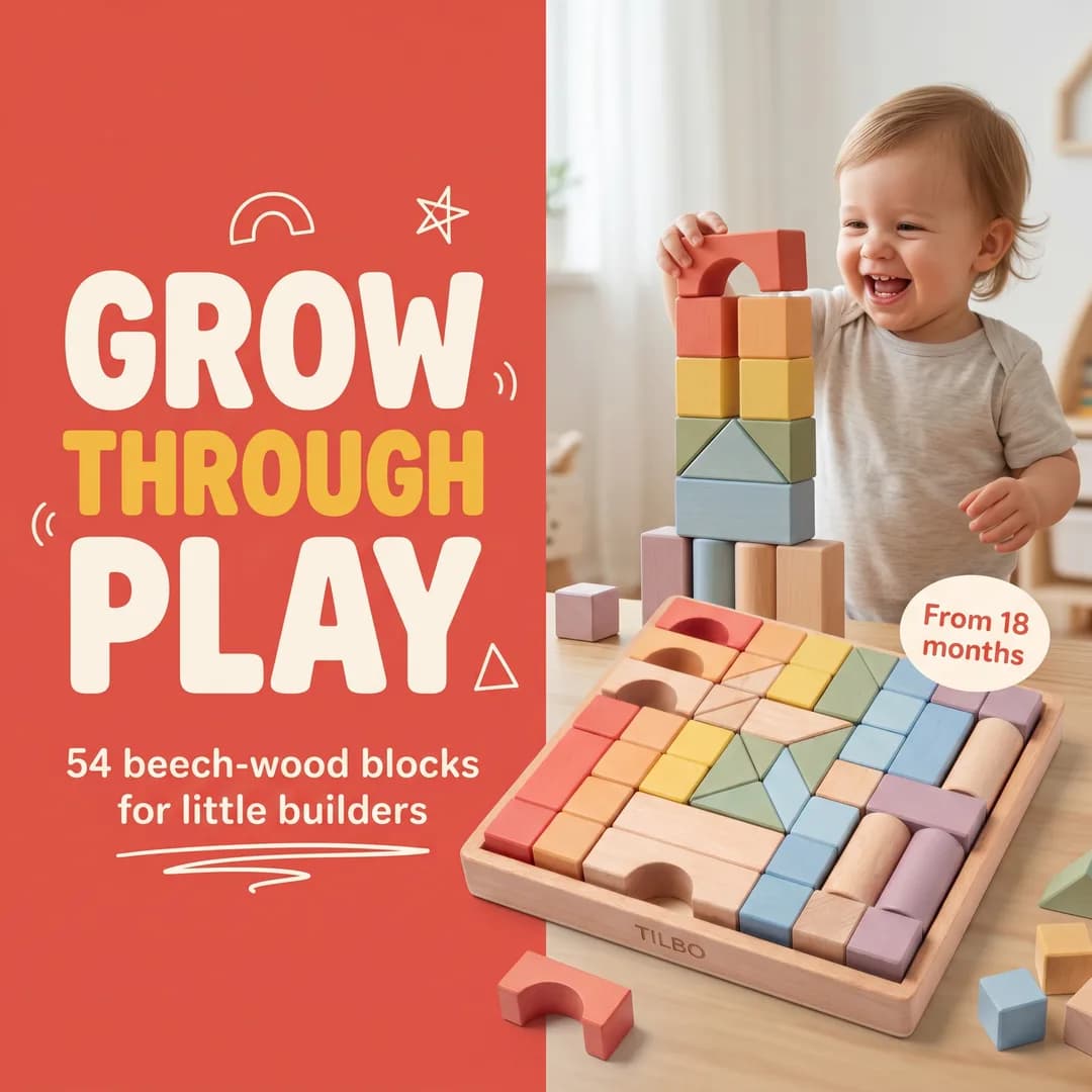 Amazon product image for the invented demo brand TILBO, made with Torch: toddler playing with a set of 54 beech-wood building blocks