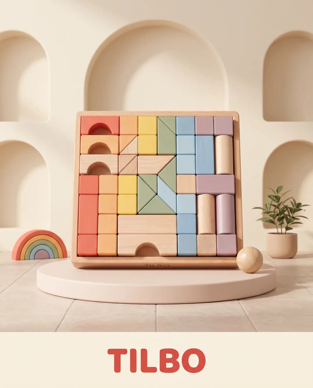 Social media creative for the invented demo brand TILBO, made with Torch: pastel wooden block set with a rainbow arch on a plinth